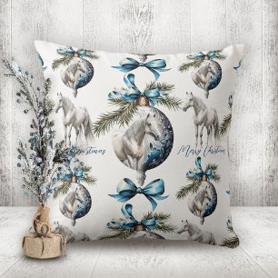 Elegant blue Christmas white horse pattern Cushion