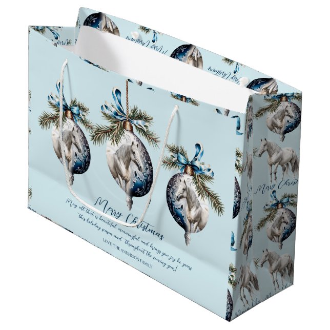 Elegant blue Christmas white horse quote Large Gift Bag (Front Angled)