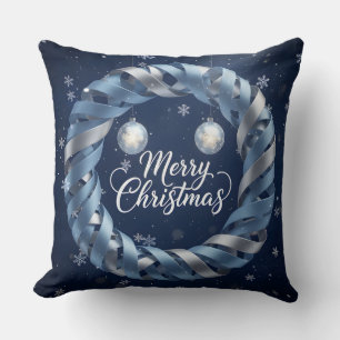 Elegant Blue Christmas Wreath Throw Pillow 