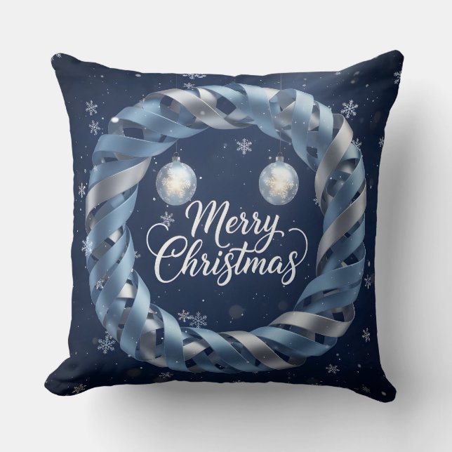 Elegant Blue Christmas Wreath Throw Pillow  (Front)