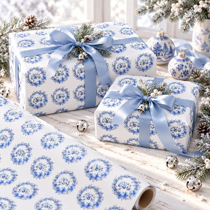 Elegant Blue Christmas Wreaths Vintage Winter Wrapping Paper