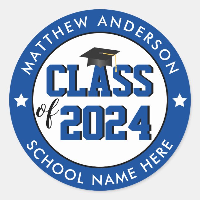 Elegant Blue Class of 2024 Graduation Party Classic Round Sticker (Front)
