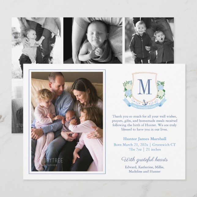 Elegant Blue Coastal Monogram 6 Photos Baby Birth Announcement (Front/Back)
