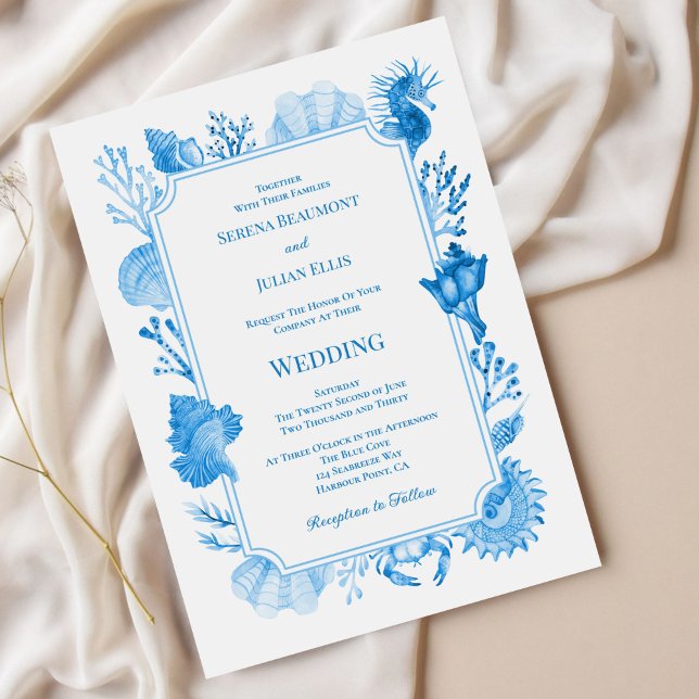 Elegant Blue Coastal Seashell and Coral Wedding Invitation (Elegant Blue Coastal Seashell and Coral Wedding Invitation)