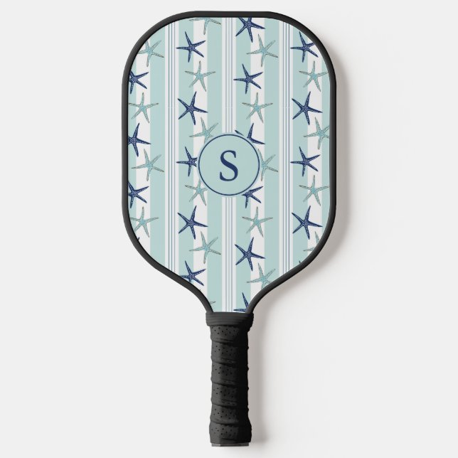 Elegant Blue Coastal Starfish Monogrammed Initial  Pickleball Paddle (Front)