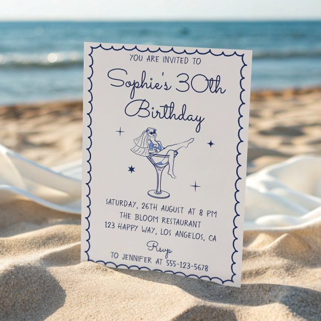 Elegant Blue Cocktail Martini Glass 30th Birthday Invitation (Creator Uploaded)
