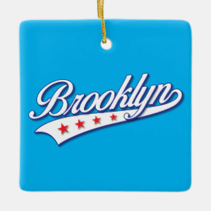 Elegant Blue Colour Brooklyn Swoosh Logo Design Ceramic Ornament
