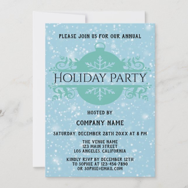 Elegant Blue Company Christmas Holiday Party Snow Invitation (Front)