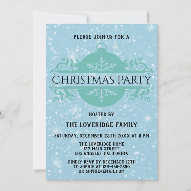 Elegant Blue Company Holiday Christmas Party Snow Invitation (Front)