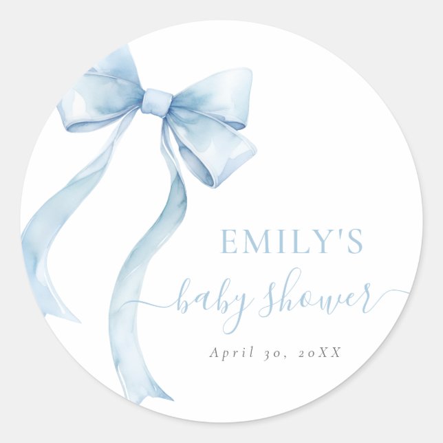 Elegant Blue Coquette Bow Boy Baby Shower Classic Round Sticker (Front)
