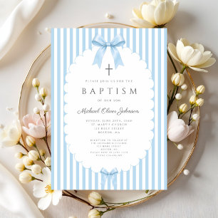 Elegant Blue Coquette Bow Boy Baptism Invitation