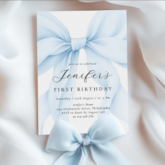Elegant Blue Coquette Bow Girl Birthday Party Invitation