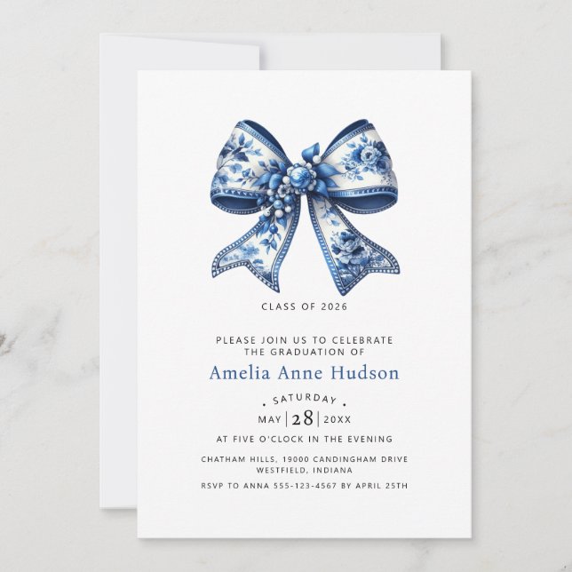 Elegant Blue Coquette Bow Graduation Party Invitation (Front)