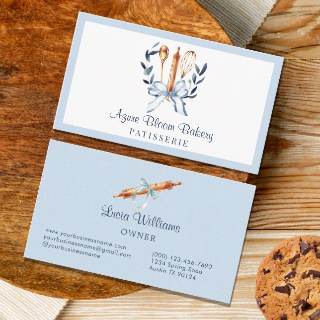 Elegant Blue Coquette Bow Utensils Bakery Business Card (Watercolor Blue bow utensils bakery business card)