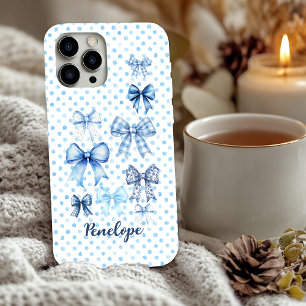 Elegant blue coquette bows dotted toile monogram iPhone 16 Pro Case