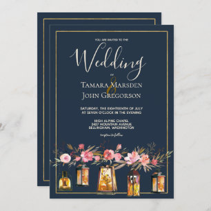 Elegant Blue Coral Floral Lights Wedding Invitation