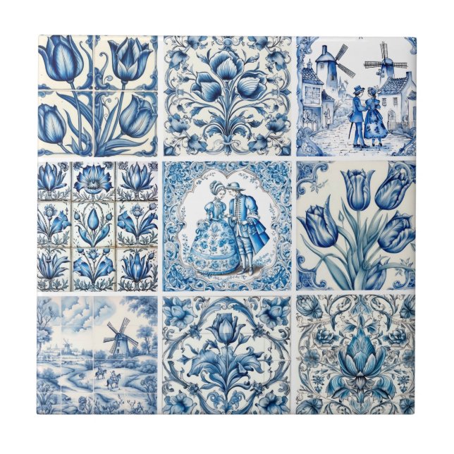 Elegant Blue country floral toile Ceramic Tile (Front)