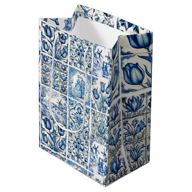 Elegant Blue country floral toile Medium Gift Bag (Front Angled)