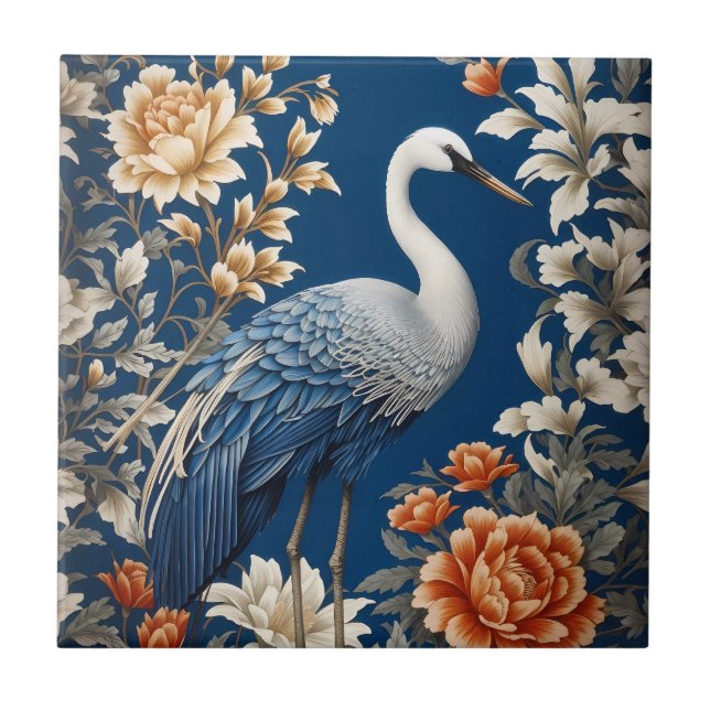 Elegant Blue Crane William Morris Inspired Ceramic Tile (Front)