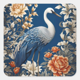 Elegant Blue Crane William Morris Inspired Square Sticker