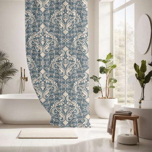 Elegant Blue Cream Damask Shower Curtain