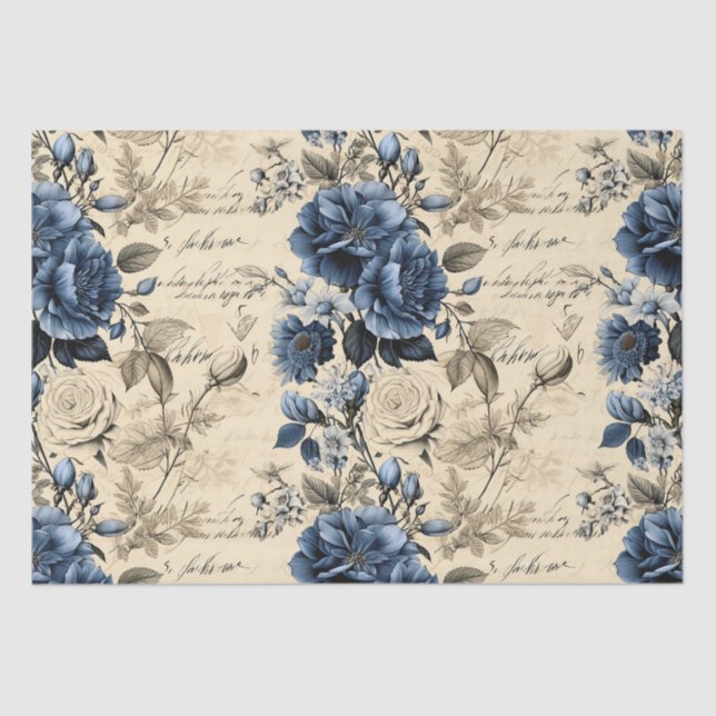 Elegant Blue Cream Floral Pattern Tissue Paper (Front)