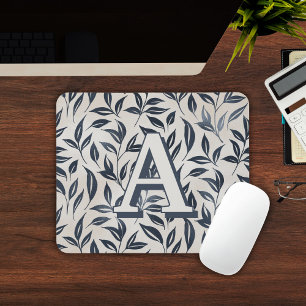 Elegant Blue Cream Leaf Pattern Monogrammed Mouse Pad