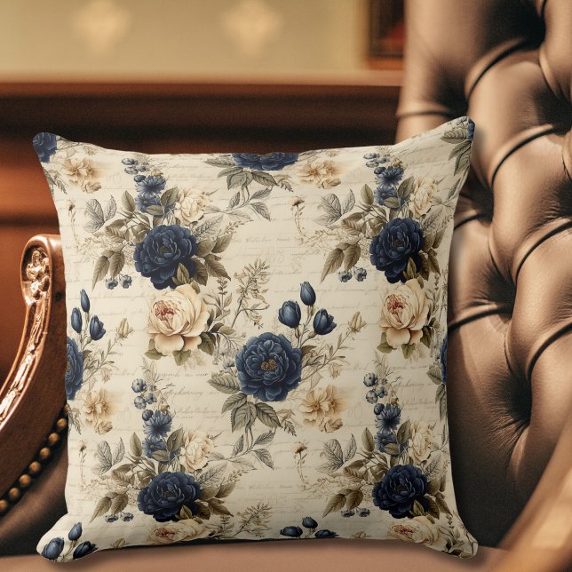 Elegant Blue Cream Roses Floral Pattern Cushion (Creator Uploaded)
