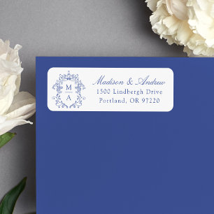 Elegant Blue Crest Monogram Wedding Return Address Label