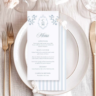 Elegant Blue Crest Stripe Wedding Menu Card