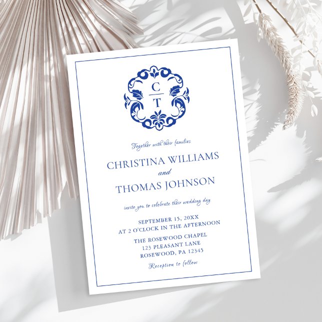 Elegant Blue Crest Wedding Invitation (Creator Uploaded)
