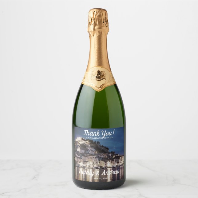 Elegant Blue Croatian town at night Sparkling Wine Label (Front)