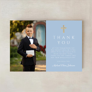Elegant Blue Cross Boy First Communion Photo Thank You Card