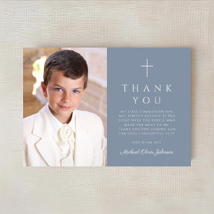 Elegant Blue Cross Boy First Communion Photo Thank You Card