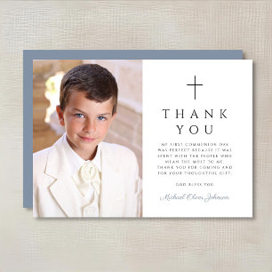 Elegant Blue Cross Boy First Communion Photo Thank You Card