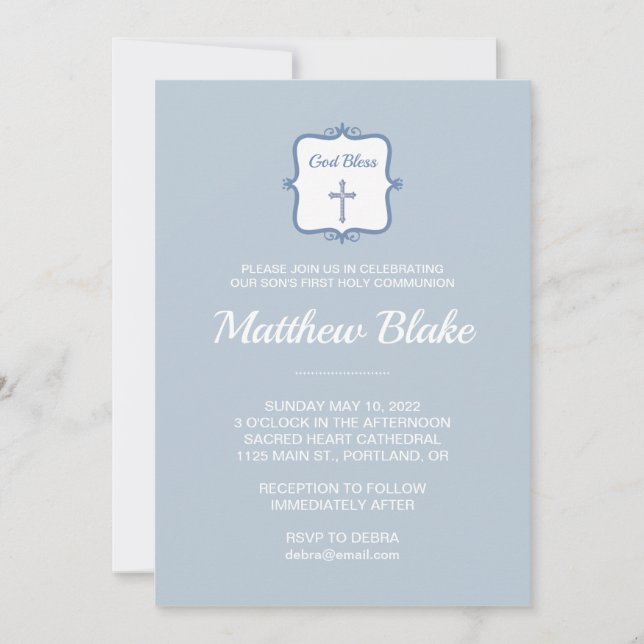 Elegant Blue Cross Boys First Communion Invitation (Front)