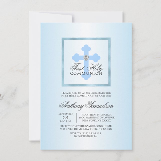 Elegant Blue Cross First Holy Communion BOY Invitation (Front)