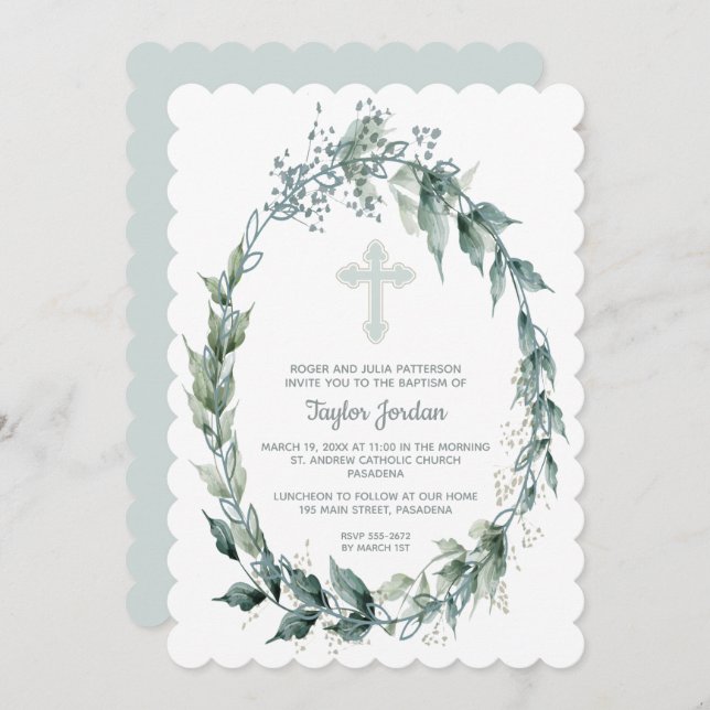 Elegant Blue Cross Greenery Wreath Baptism Invite (Front/Back)