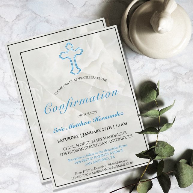 Elegant Blue Cross Marble Boys Confirmation Invitation (MODERN BLUE CROSS MARBLE CONFIRMATION INVITATION)