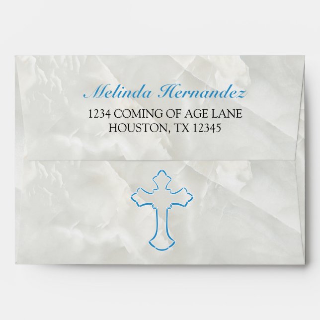 Elegant Blue Cross Marble Holy Communion Preprint Envelope (Back (Top Flap))