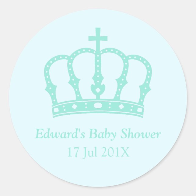 Elegant Blue Crown Prince Baby Shower Classic Round Sticker (Front)