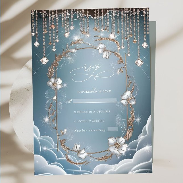 Elegant Blue Crystal Drops Wedding RSVP Card (Creator Uploaded)