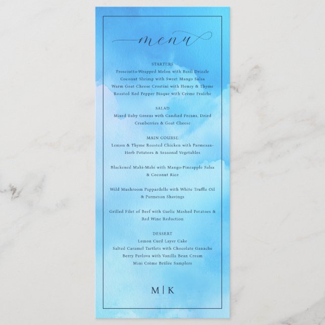 Elegant Blue Cursive Wedding Menu (Front)