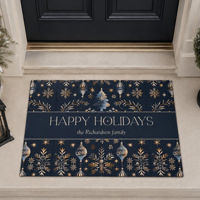 Elegant Blue Custom Name Holiday Doormat (elegant chic stylish navy blue and gold typography happy holidays doormat with custom family name)
