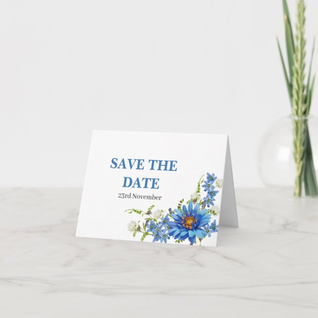 Elegant Blue Daisy Wedding Save the Date Announcement (Front)