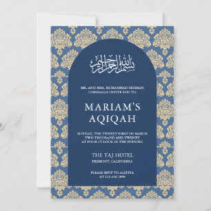 Elegant Blue Damask Arabian Arch Aqiqah Invitation