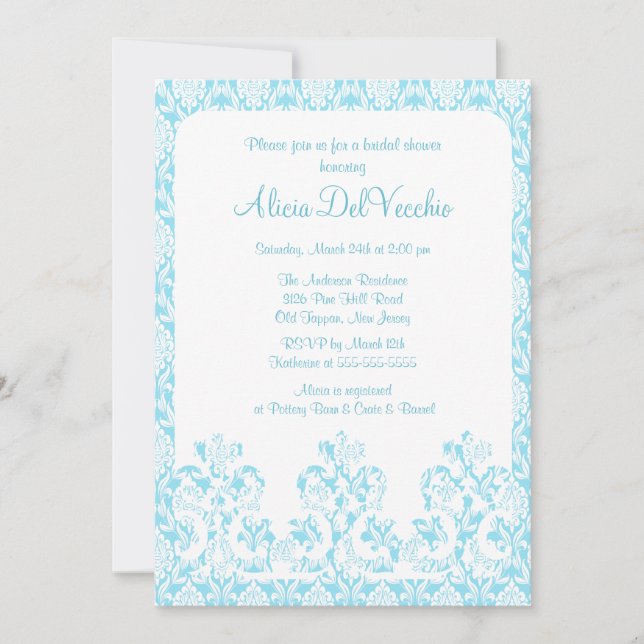 Elegant Blue Damask Bridal Shower Invitation (Front)