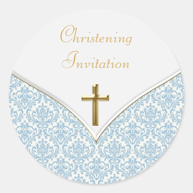 Elegant Blue Damask Christening Stickers (Front)