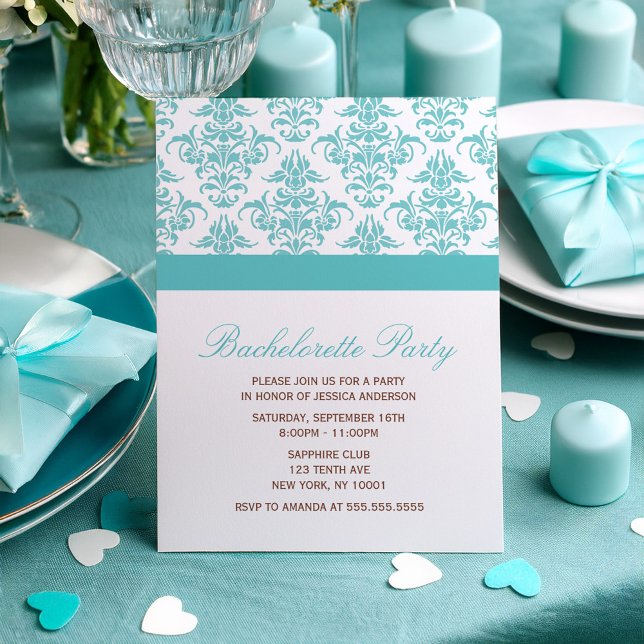 Elegant Blue Damask Pattern Bachelorette Party Invitation (Creator Uploaded)
