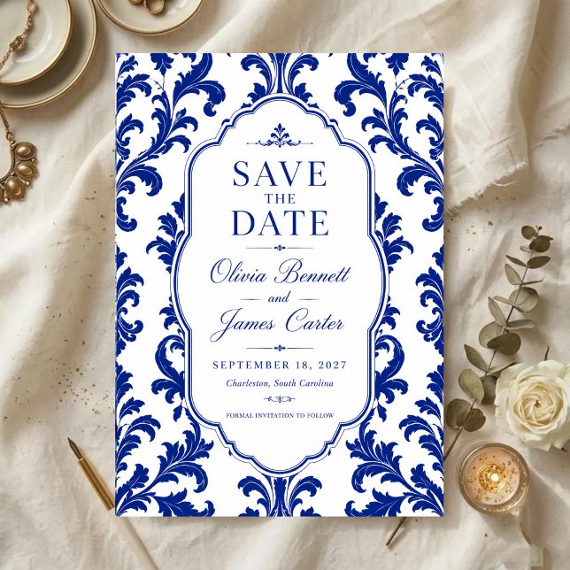 Elegant Blue Damask  Save The Date (Creator Uploaded)